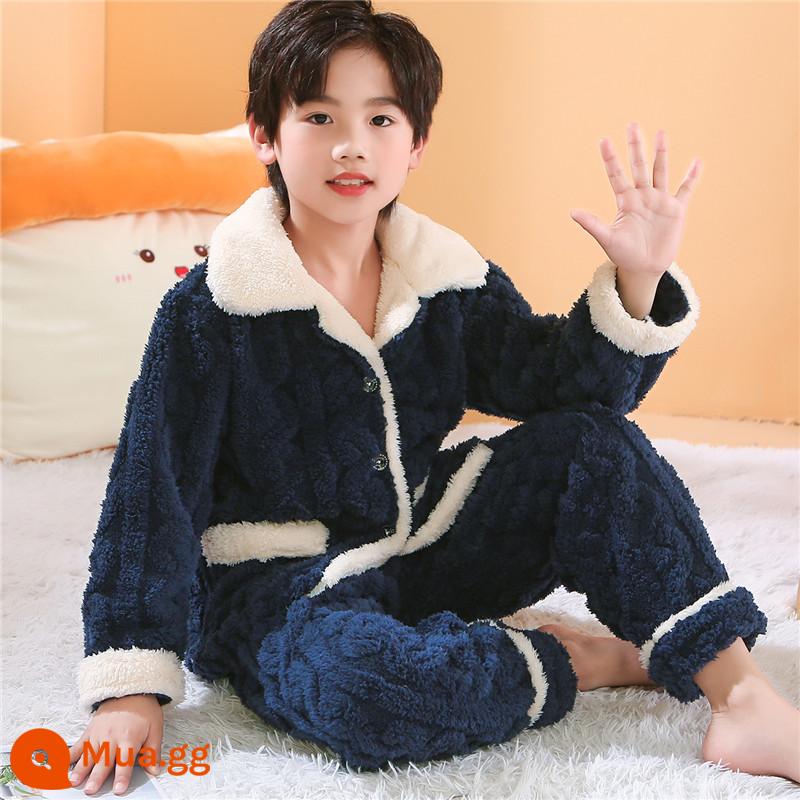 Bộ đồ ngủ lông cừu san hô dày và nhung cho trẻ em mùa thu đông dành cho bé trai và bé gái jacquard flannel phục vụ tại nhà phù hợp với - THPJ nam màu xanh hải quân