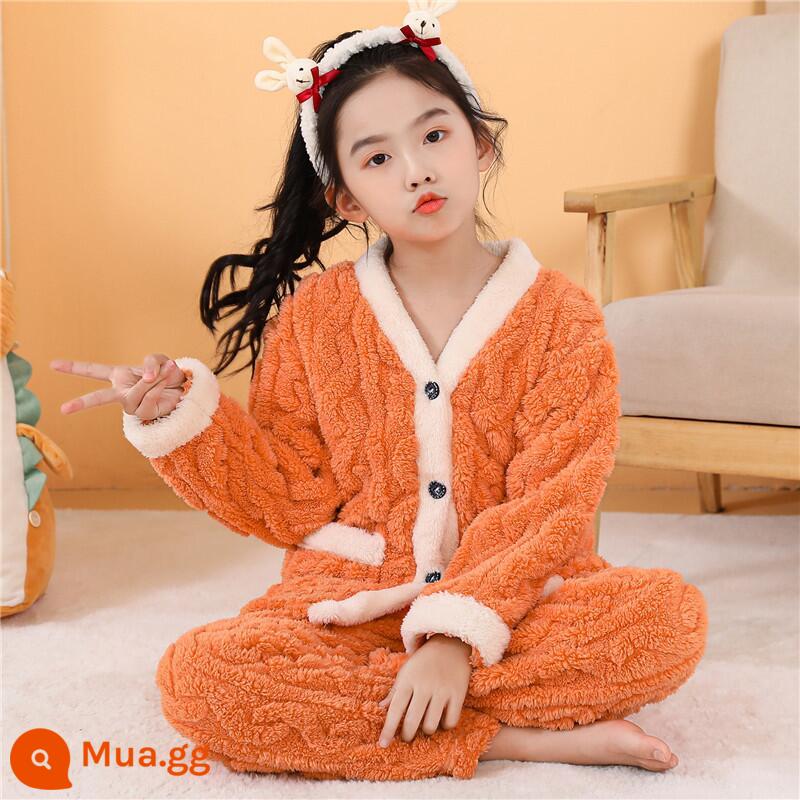 Các mẫu mùa thu và mùa đông dành cho trẻ em dày cộng với bộ đồ ngủ flannel nhung vừa và lớn cho bé trai và bé gái phong cách bùng nổ lông cừu san hô phù hợp với dịch vụ tại nhà - Nữ màu cam viền trắng