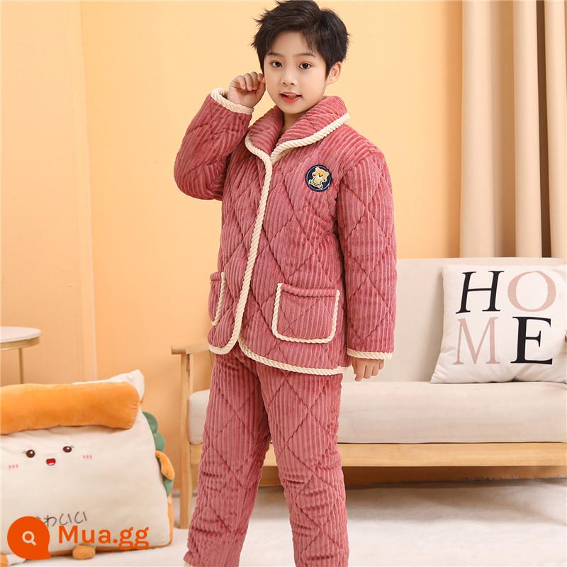 Bộ đồ ngủ cotton cho trẻ em quần áo mùa đông pha lê nhung bộ quần áo ở nhà bé trai và bé gái trung và lớn áo khoác bông cho trẻ em cộng với nhung dày mùa đông - Áo chần bông dày ba lớp màu đỏ hạt dẻ cho nam