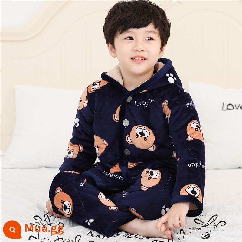 Mùa Đông Trẻ Em Bộ Đồ Ngủ Cotton Ba Lớp Dày Trung Và Lớn Bé Trai Dép Nỉ Ấm Bé Gái San Hô Trang Phục Mặc Nhà - Mũ trùm đầu bằng nhung pha lê dày ba lớp có mũ trùm đầu bằng nhung màu xanh