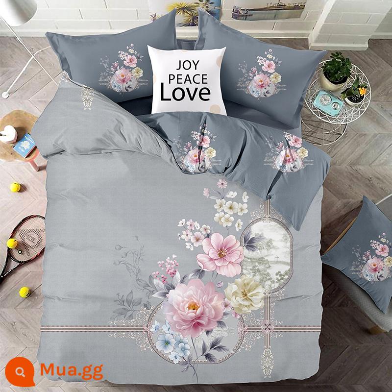 Cotton Nguyên Chất 4 Bộ 100 Cotton Chăn Ga Gối Chần Gòn 1.8M Đôi Vỏ Chăn Giường 4 Bộ Thu Đông - hoa xuân xám nở