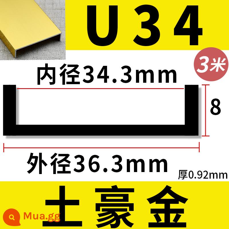 Hình chữ U dày 3 mét hợp kim nhôm 15-36mm không có khe cắm cạnh dải niêm phong bảng sinh thái khóa bảng chế biến gỗ cạnh dải khóa - Vàng địa phương U34 [dày 3 mét/0,92] dưới mười miếng cắt làm đôi