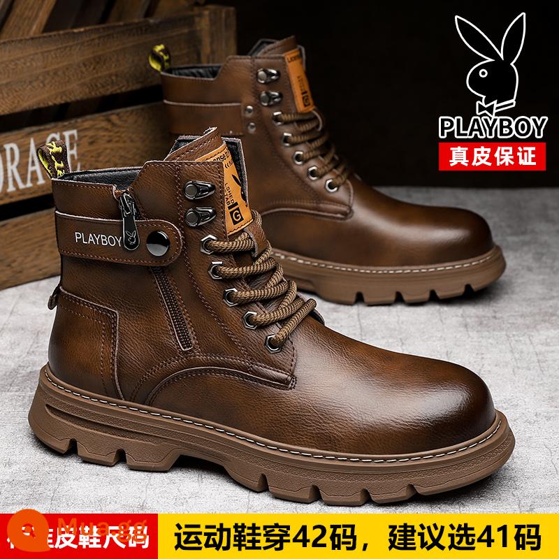 Giày Bốt Playboy Martin 2022 Da Phong Cách Anh Quốc Dụng Cụ Tăng Chiều Cao Bên Trong Giày Da Ống Cao Mùa Đông Plus Vải Cotton Nhung Nam - Size nam 20107 dây kéo ngoài màu nâu