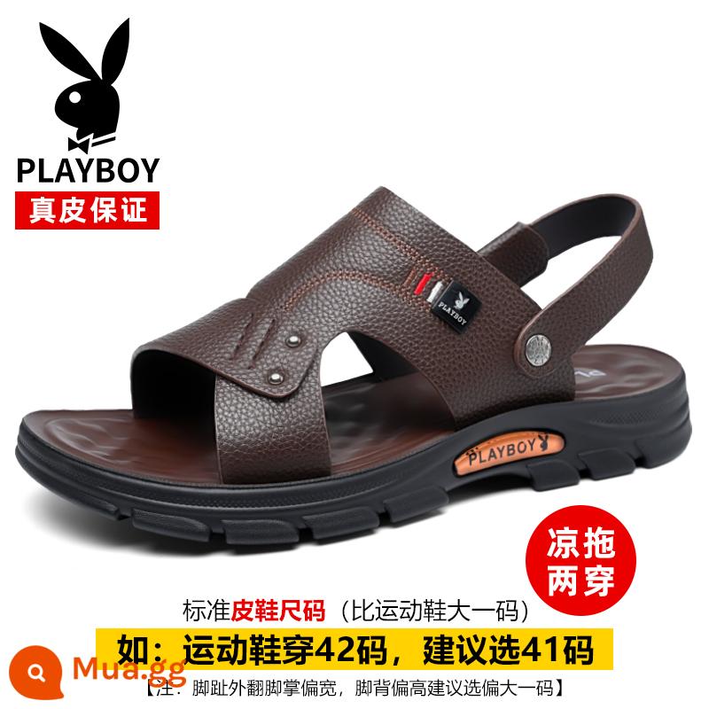 Giày Sandal Playboy 2023 Mùa Hè Mới Thoáng Khí Da Đế Mềm Lái Xe Giày Đi Biển Cổ Chống Trơn Trượt Dép Nam - 1909 màu nâu