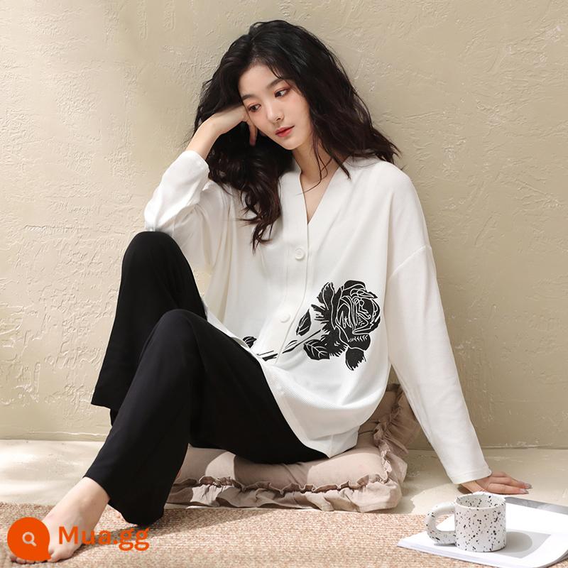 Bộ đồ ngủ waffle pyjama nữ mùa xuân và mùa thu cotton nguyên chất áo len cardigan dài tay màu đen và trắng kiểu Nhật Bản có thể mặc ở nhà bên ngoài phù hợp với thời trang - BL60314