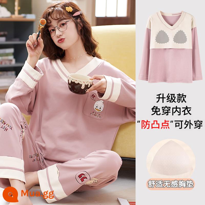 Bộ đồ ngủ nữ phong cách xuân thu 2023 mới cotton dài tay cỡ lớn cotton hè thu đông bộ đồ phục vụ tại nhà - 80189 Miếng dán ngực đai hồng