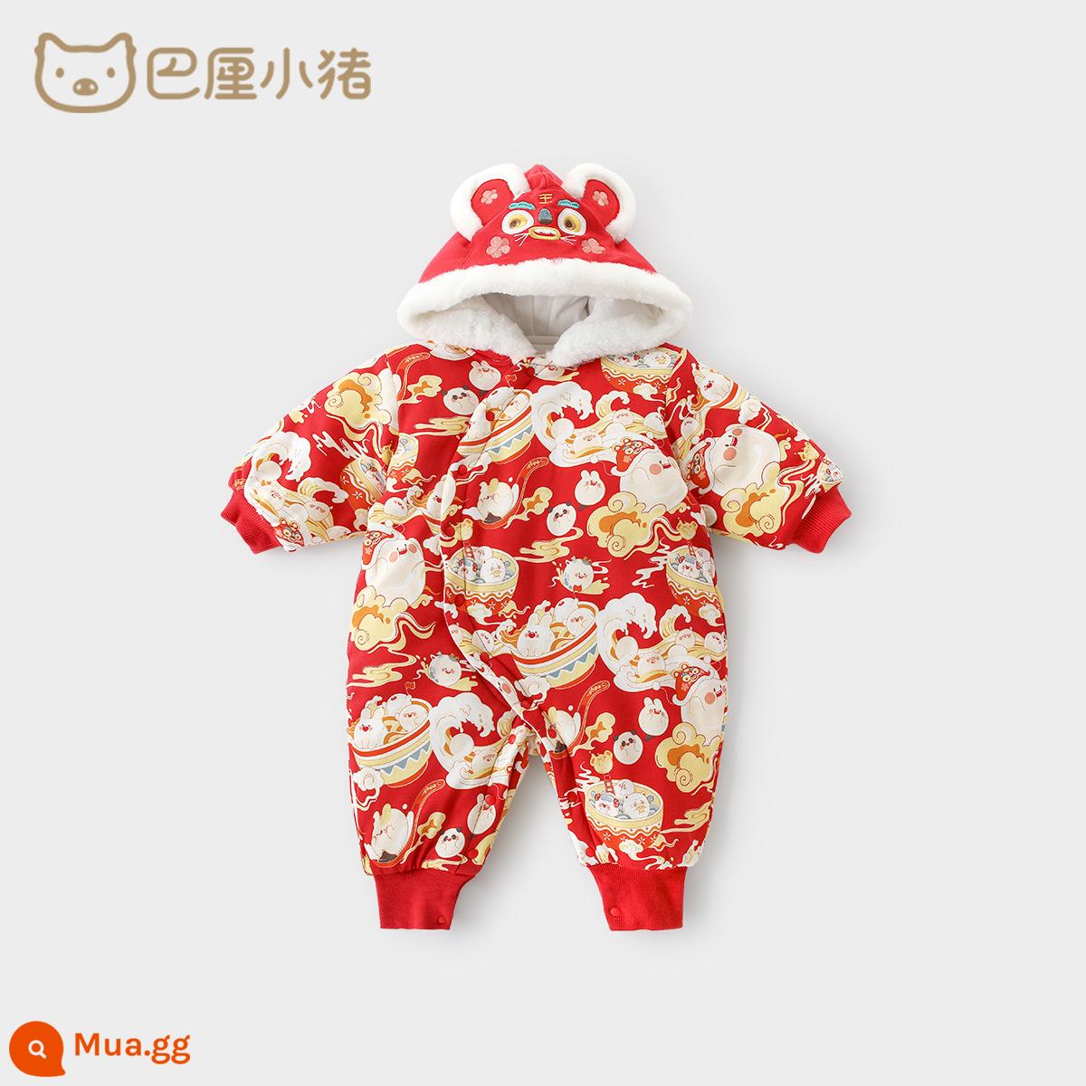 Bộ áo liền quần cotton cho bé màu đỏ Quần áo năm mới mùa thu đông dày ấm áp cho bé áo khoác bông phong cách Trung Hoa cửa hàng trẻ em áo khoác bông - Thoa son