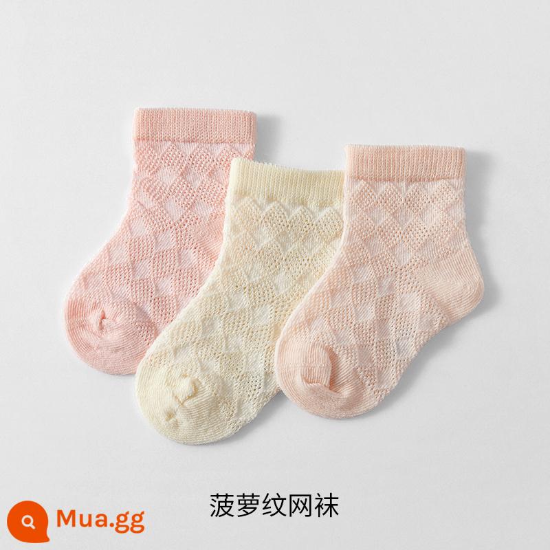 Manxi Tất Cho Bé Mùa Hè Mỏng Cho Bé Thoáng Khí Trẻ Sơ Sinh Bé Trai Và Bé Gái Tầng Tất 0-3 Tháng Cotton - Vớ lưới họa tiết quả dứa (bộ hồng) (3 đôi)