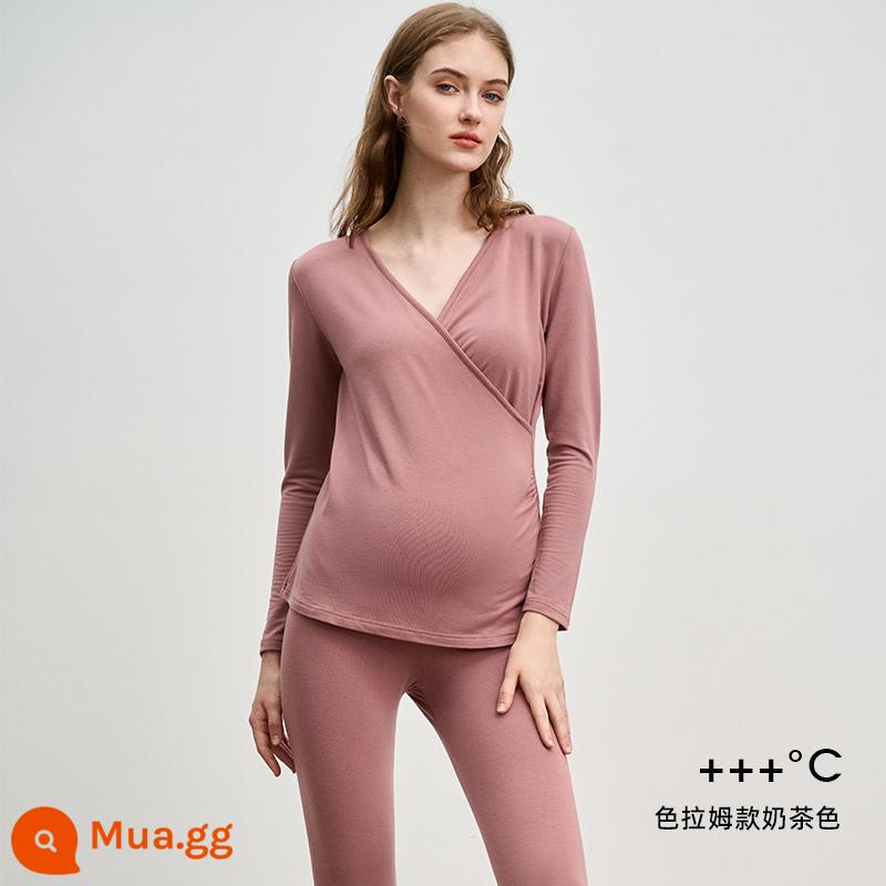 [Phong cách tương tự như Tang Yixin] Bộ quần áo mùa thu và quần vệ sinh dành cho bà bầu siêu da Manxi Bộ quần áo cho con bú mùa thu đông Quần áo sưởi ấm - Màu trà sữa [độ ấm cao-Selam hấp thụ nhiệt hồng ngoại xa cấp 7A kháng khuẩn và chống ve]