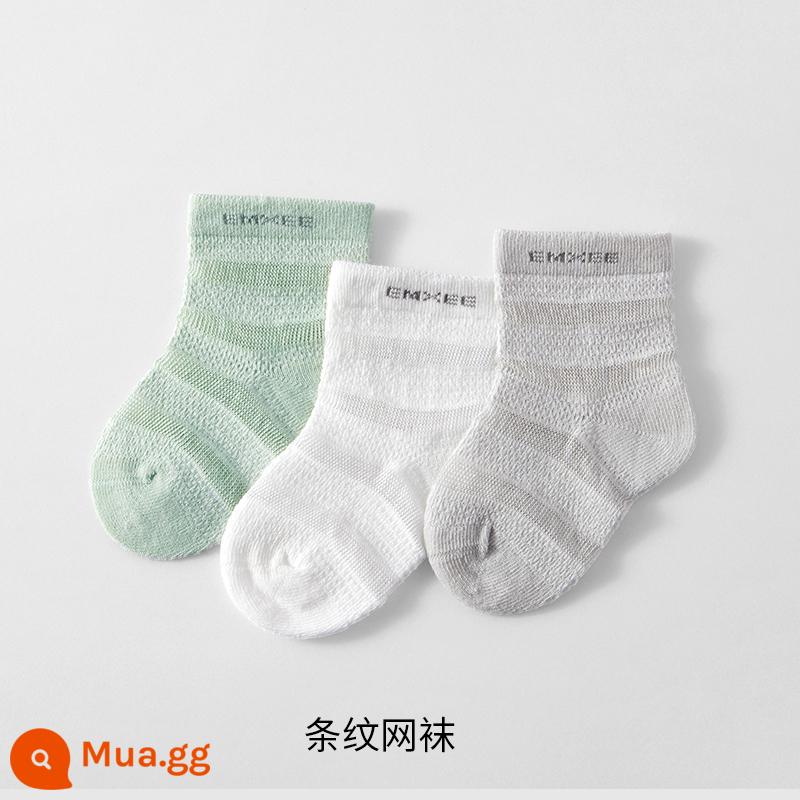 Manxi Tất Cho Bé Mùa Hè Mỏng Cho Bé Thoáng Khí Trẻ Sơ Sinh Bé Trai Và Bé Gái Tầng Tất 0-3 Tháng Cotton - Vớ lưới sọc (bộ xanh xám) (3 đôi)