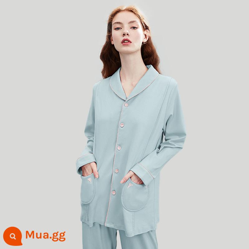 Quần áo giam hãm Manxi thu đông sau sinh Bộ đồ ngủ cotton nguyên chất cho bà bầu sản phụ xuân thu chờ sinh phụ nữ cho con bú dịch vụ tại nhà - Phong cách mèo xanh [bộ hai mảnh cho bốn mùa] (có miệng cho con bú)