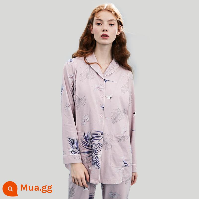 Quần áo giam hãm Manxi thu đông sau sinh Bộ đồ ngủ cotton nguyên chất cho bà bầu sản phụ xuân thu chờ sinh phụ nữ cho con bú dịch vụ tại nhà - In hình hạc hồng [Bộ hai mảnh bốn mùa] (Có miệng cho con bú)