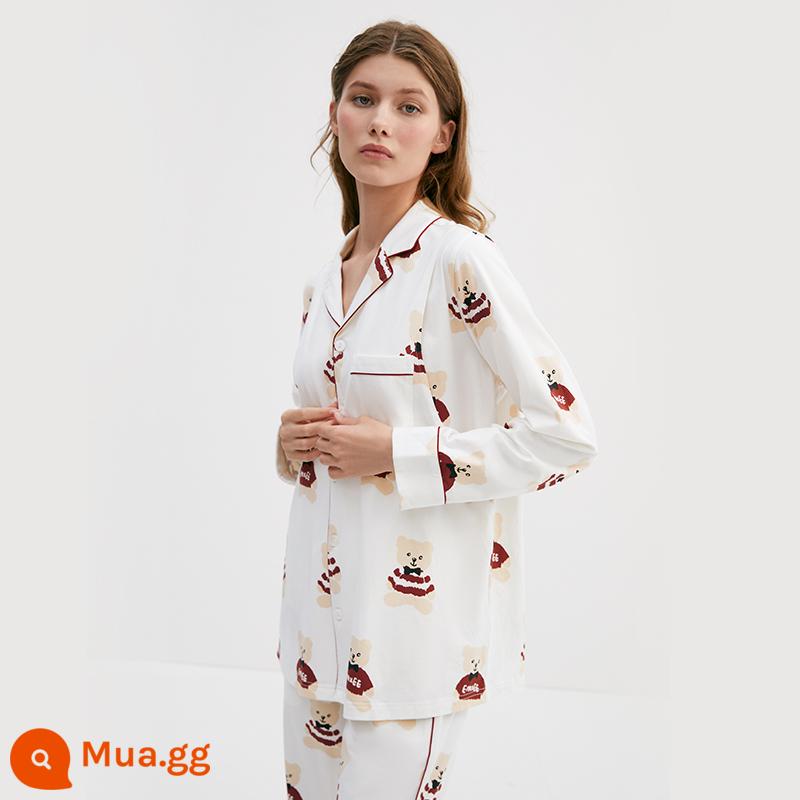 Quần áo giam hãm Manxi thu đông sau sinh Bộ đồ ngủ cotton nguyên chất cho bà bầu sản phụ xuân thu chờ sinh phụ nữ cho con bú dịch vụ tại nhà - Gấu Happy Trắng [Bộ hai mảnh bốn mùa] (Có miệng cho con bú)