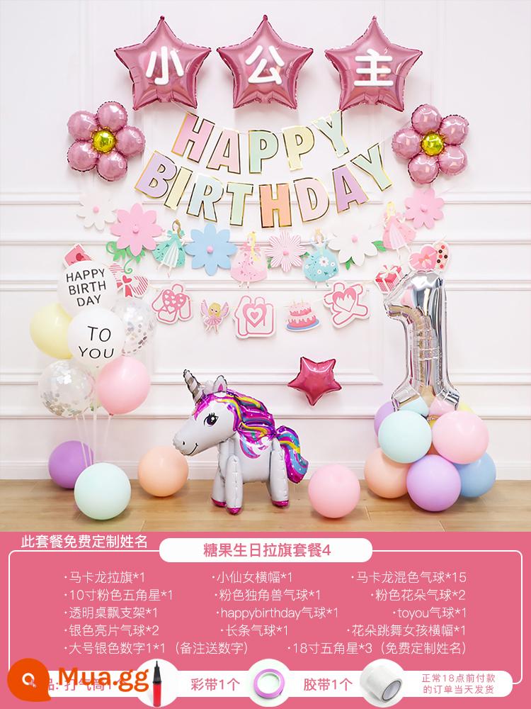 Girls One -yy -old Baby Birthday Happy Balloon Trang trí Cung cấp cho trẻ em Net Red Breat Breat - Bộ cờ sinh nhật kẹo bốn [tên và số có thể trao đổi]