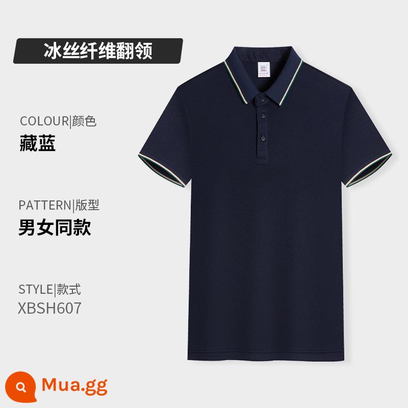 Quần áo công sở có ve áo bằng vải cotton nguyên chất in logo tùy chỉnh áo sơ mi polo khô nhanh dự tiệc công ty Áo sơ mi văn hóa tay ngắn có thêu in - Loại F-Xanh hải quân