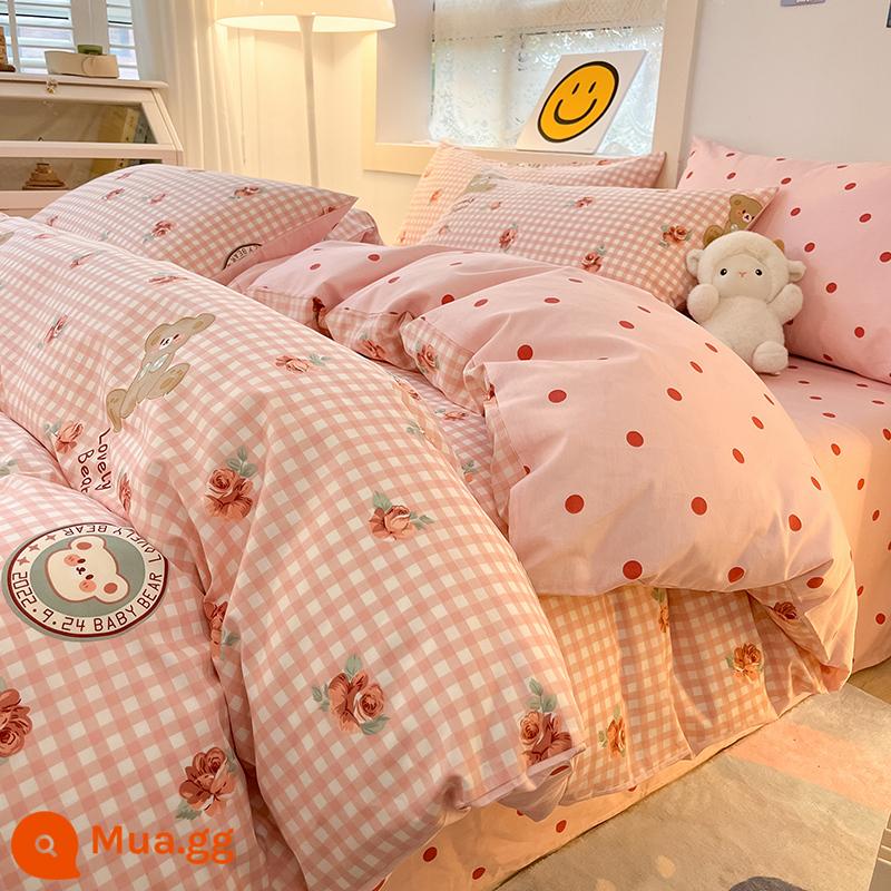 Hoạt Hình Nguyên Chất Giường Cotton Bộ 4 Món 2022 Mới Cotton 100 Ga Giường Vỏ Chăn Trang Bị Tấm Nhỏ Tươi Chăn Ga Gối 3 4 - Màu hồng gấu đầy màu sắc