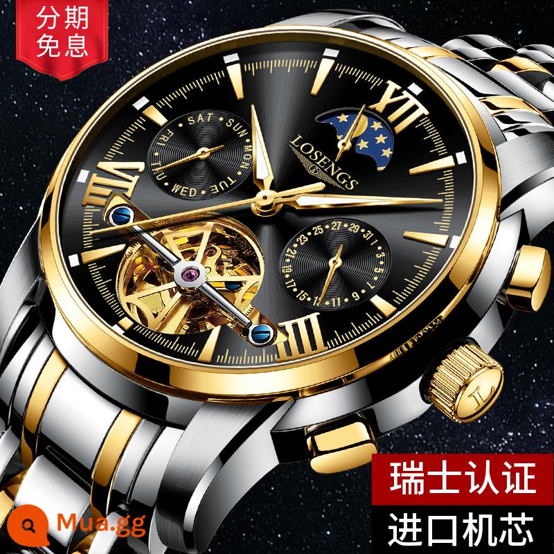 Chính Hãng Thụy Sĩ Đồng Hồ Cơ Nam Tourbillon Xu Hướng Thời Trang Dạ Quang Rỗng Pha Mặt Trăng Đa Chức Năng Nam - Bề mặt vàng và đen, máy nhập khẩu