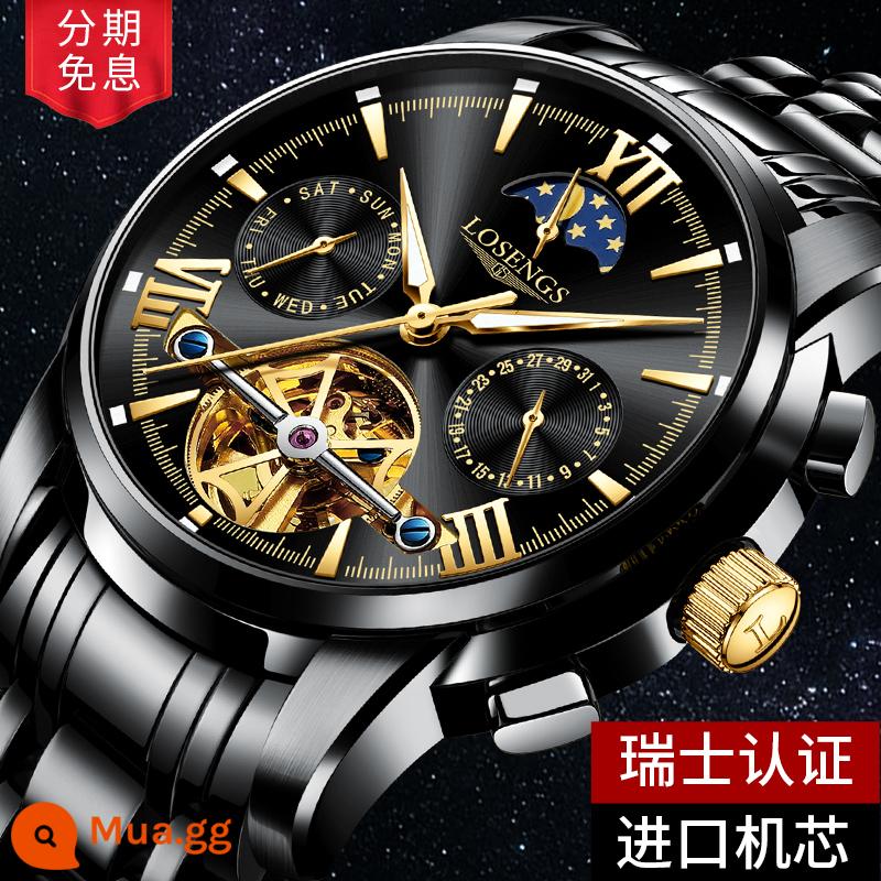 Chính Hãng Thụy Sĩ Đồng Hồ Cơ Nam Tourbillon Xu Hướng Thời Trang Dạ Quang Rỗng Pha Mặt Trăng Đa Chức Năng Nam - Toàn màu đen, mặt đen, máy nhập khẩu