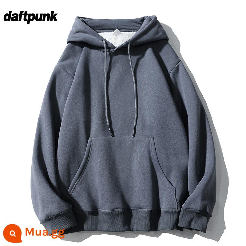 Nặng 500G Không Lông Cừu Mỹ Retro Có Mũ Nam Nữ Đồng Màu Lười Gió Cặp Đôi Áo Hoodie Plus Áo Khoác Nỉ - Xi măng xám WY0369