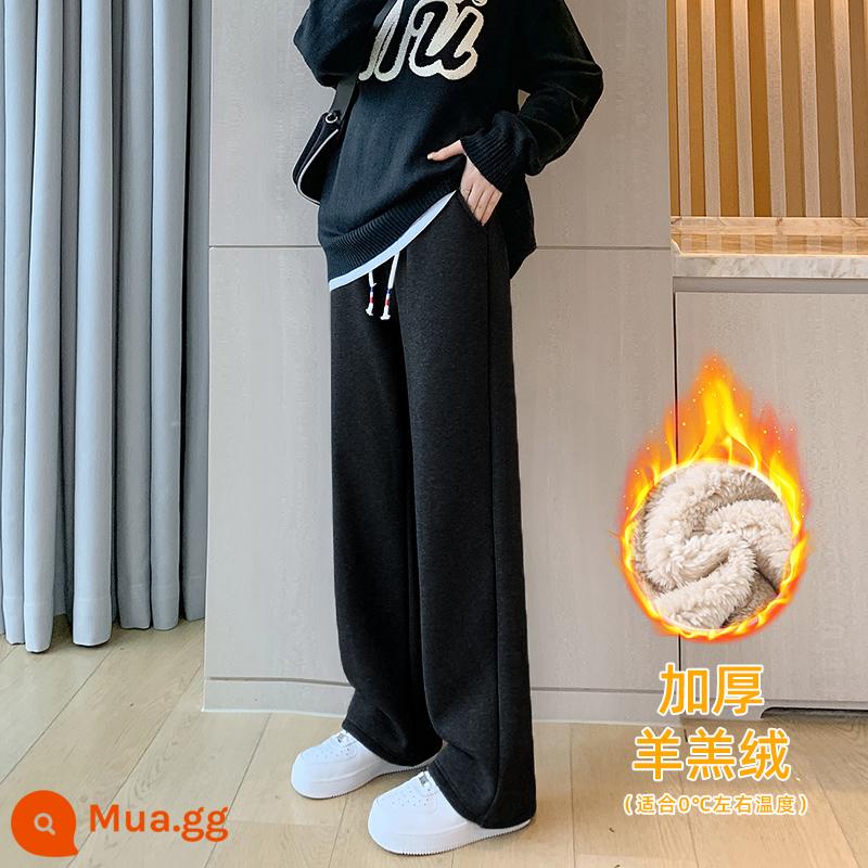 Quần thẳng phụ nữ trong mùa đông cộng với nhung dày Lambsmium cashmere cao eo bên ngoài dọc mặc quần thể thao dày màu xám - Da cừu-nhiều màu đen