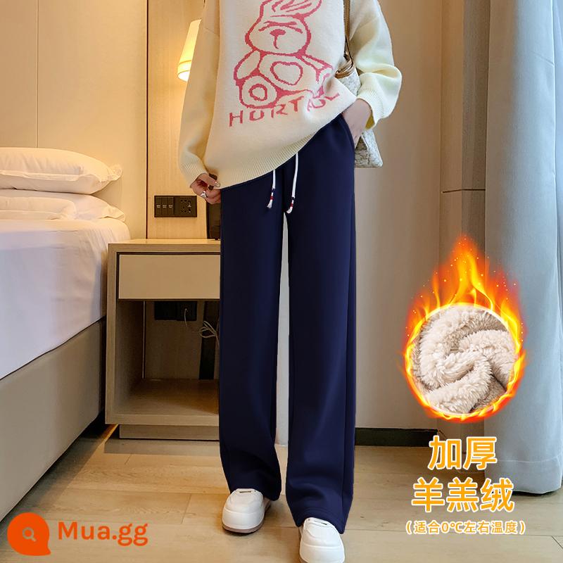 Quần thẳng phụ nữ trong mùa đông cộng với nhung dày Lambsmium cashmere cao eo bên ngoài dọc mặc quần thể thao dày màu xám - Da cừu-màu xanh sapphire