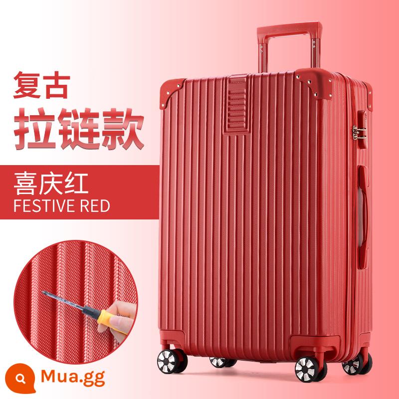 Vali xe đẩy du lịch chắc chắn và bền bỉ bánh xe phổ thông nam và nữ dày 20 túi mật khẩu 24 hộp da 28 inch - Phong cách dây kéo retro - màu đỏ lễ hội