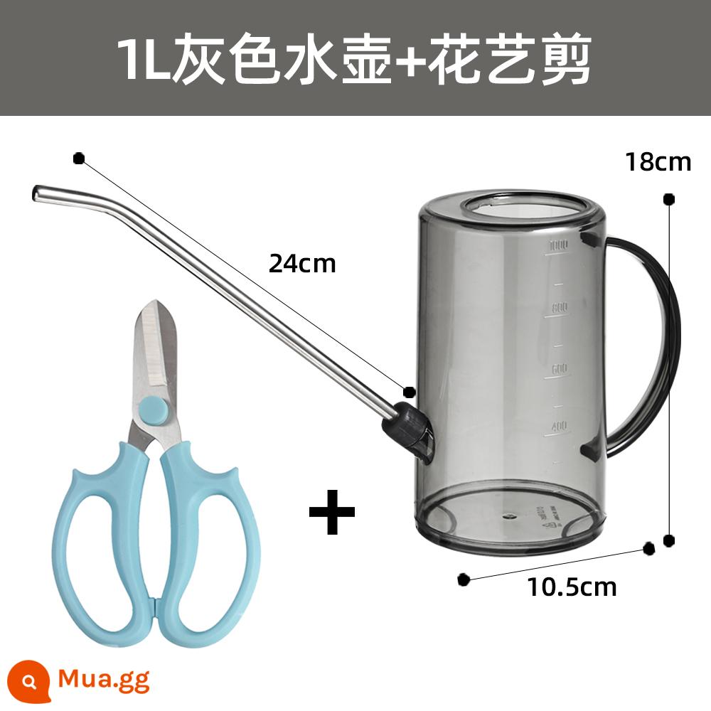 Thép không gỉ miệng dài bình tưới hộ gia đình trong suốt bình tưới làm vườn tưới hoa chậu hiện vật công suất lớn bình tưới - Bình tưới nước màu xám 1L + kéo cắt hoa màu xanh