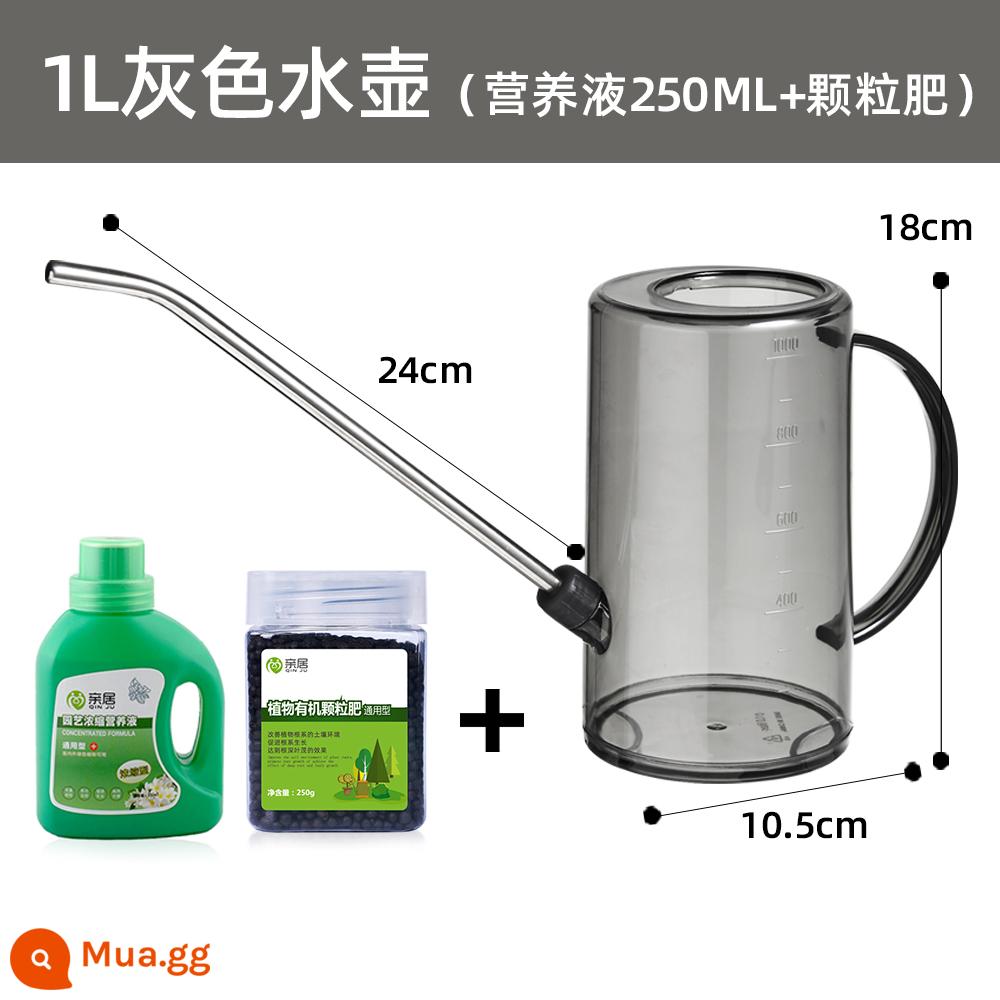 Thép không gỉ miệng dài bình tưới hộ gia đình trong suốt bình tưới làm vườn tưới hoa chậu hiện vật công suất lớn bình tưới - Bình tưới nước màu xám 1L + dung dịch dinh dưỡng 250ml + phân bón dạng hạt 250g