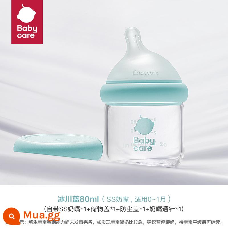 bình sữa thủy tinh nghiêng đầu babycare cho bé sơ sinh từ 0 đến 6 tháng tuổi trở lên giả sữa mẹ chống đầy hơi chống sặc - Glacier Blue 80ml (Núm vú giả SS, thích hợp cho bé 0-1 tháng))