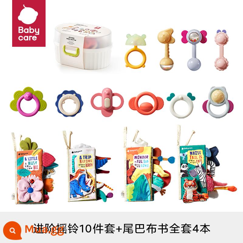 Babycare Cao Cấp Tay Lục Lạc Đồ Chơi Xếp Hình Nắm Tập Răng Fixer Có Thể Cắn 0-3-6 Tháng - Bộ lục lạc cao cấp 10 món + Bộ sách vải đuôi 4 món