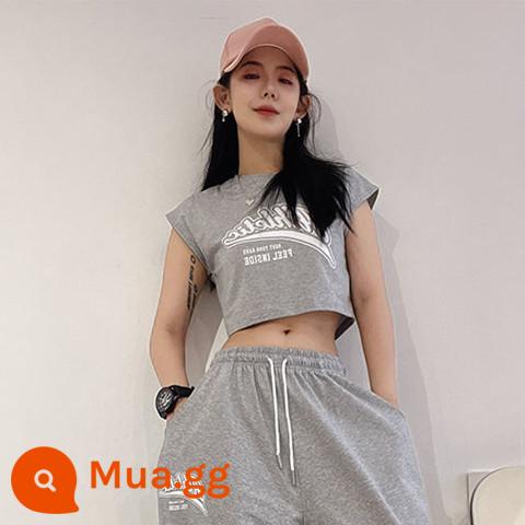 Mỹ giản dị phù hợp với nữ nhảy jazz hot girl rốn crop top quần thể thao nhảy hip-hop hai mảnh hợp thời trang - Áo đơn màu xám