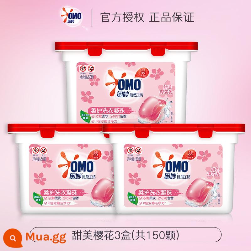 Nước giặt OMO Nước giặt đậm đặc Dew Ball Hương thơm bền lâu, diệt sạch vi khuẩn và ve 3 trong 1 Thương hiệu tích cực Official Flagship Store - 3 hộp hoa anh đào ngọt ngào (tổng cộng 150 chiếc).