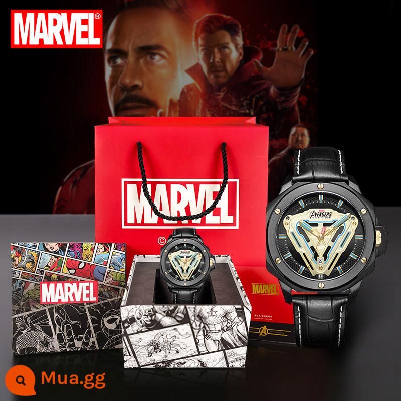 Marvel Iron Man phiên bản giới hạn chung đồng hồ nam sinh viên cơ chống thấm nước thạch anh nam quà tặng sinh nhật - Soul Series-Da thật màu đen [Phong cách cơ khí, Phong trào tiếng Anh màu đen đá của Nhật Bản]