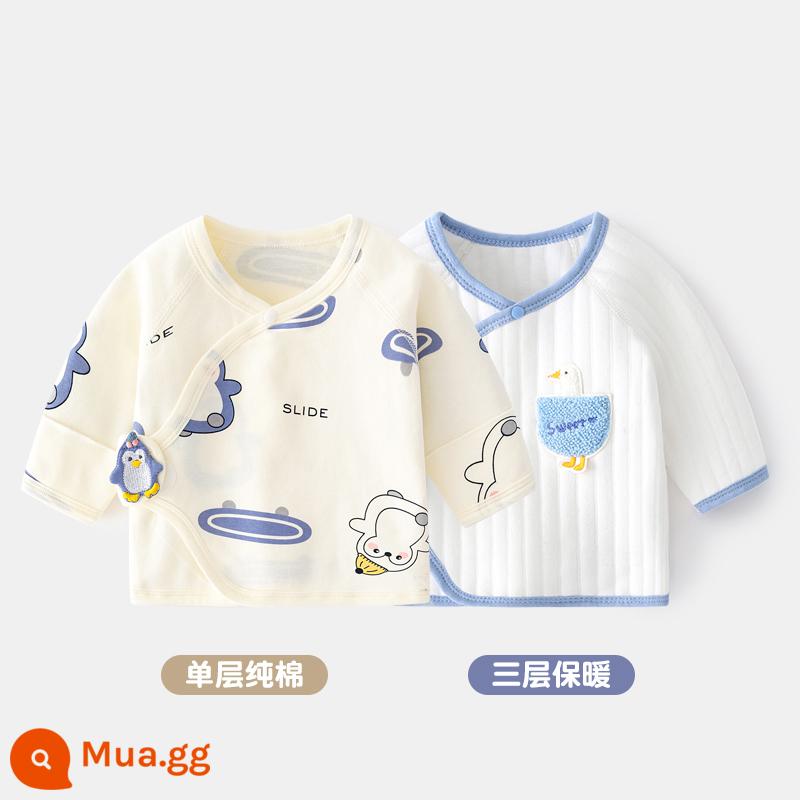 2 quần áo trẻ sơ sinh bé đầu cotton mùa xuân sơ sinh không xương nhà sư quần áo nửa lưng quần áo mùa xuân và mùa thu - chim cánh cụt+vịt