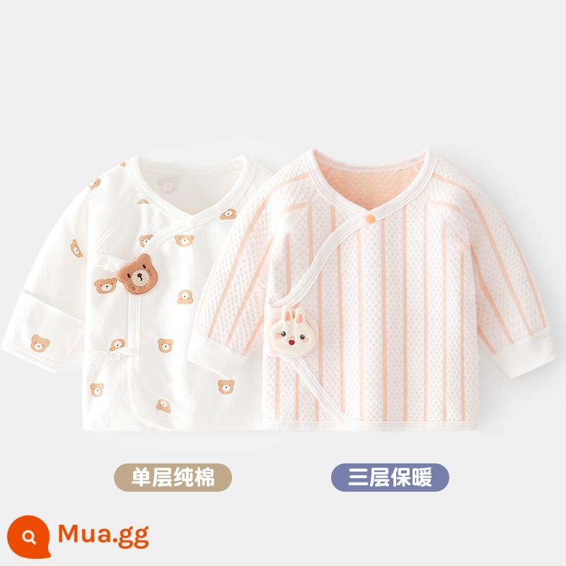 2 quần áo trẻ sơ sinh bé đầu cotton mùa xuân sơ sinh không xương nhà sư quần áo nửa lưng quần áo mùa xuân và mùa thu - Gấu nâu + sọc rộng hồng