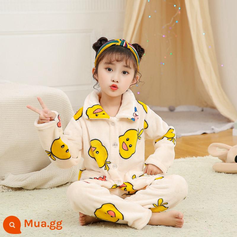 Bộ đồ ngủ lông cừu san hô trẻ em mùa thu đông flannel bé trai và bé gái phục vụ tại nhà phù hợp với bé trung và lớn - Flannel-0024 Cô gái vịt vàng lớn