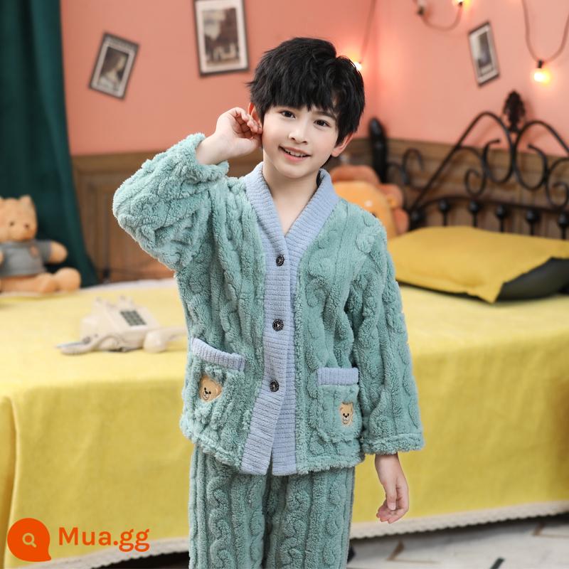 Bộ đồ ngủ lông cừu san hô trẻ em mùa thu đông flannel bé trai và bé gái phục vụ tại nhà phù hợp với bé trung và lớn - FLRBL03 jacquard xanh nam