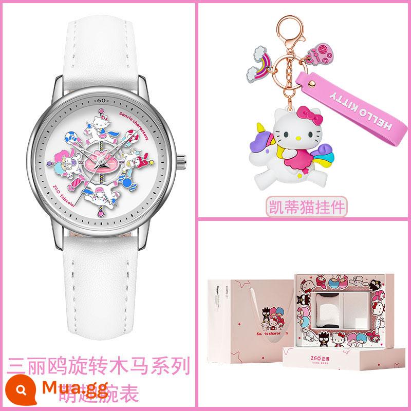 Zhenggang Zgox Sanrio đến để điều hành đồng hồ nữ giới Giáng sinh ánh sáng sang trọng xoay vòng nhỏ Quà tặng sinh viên - [Hộp quà mặt dây chuyền Hello] Mẫu thắt lưng 2121 - thắt lưng trắng vỏ bạc + móc khóa