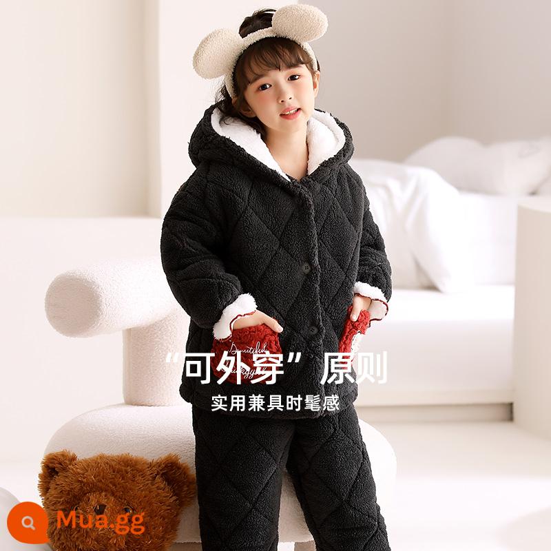 Bộ đồ ngủ trẻ em ba lớp chần bông mùa đông san hô dày flannel Plus lông cừu bé gái và bé gái quần áo mặc nhà mùa đông - Mũ trùm đầu Bear-GB1364 Chăn bông ba lớp cực dày