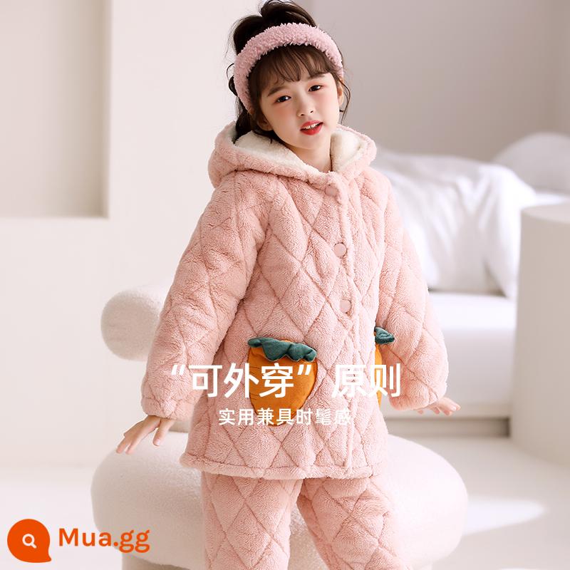 Bộ đồ ngủ trẻ em ba lớp chần bông mùa đông san hô dày flannel Plus lông cừu bé gái và bé gái quần áo mặc nhà mùa đông - Mũ Trùm Đầu Thỏ-GB1186 Chăn bông ba lớp cực dày