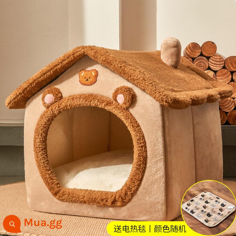 Cat West Four Seasons General House -type Bed House Biệt thự Đóng cửa mùa đông Đóng ấm Chó tổ chức nuôi thú cưng - Gấu Nâu [Chăn Điện]