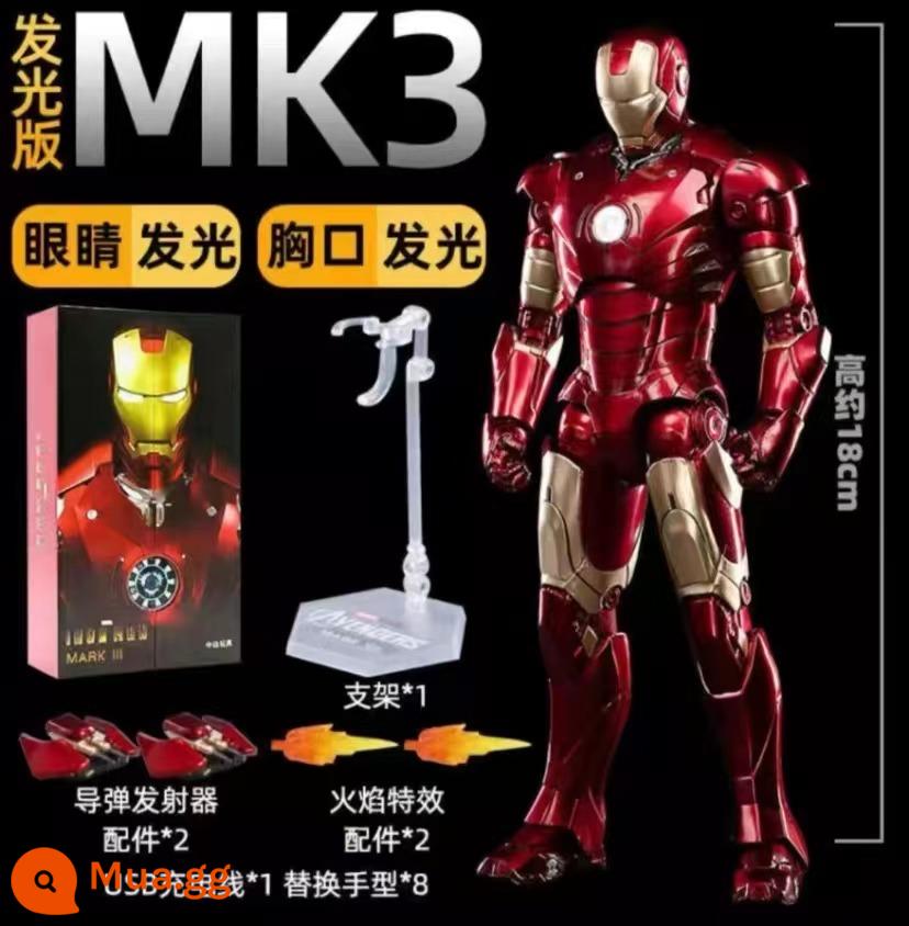 Midtop Iron Man chính hãng MK43 Ánh sáng Gennukmark 1234567 Di chuyển MK50 WAR MÁY - Phiên bản phát sáng mắt ngực MK3 [Hộp quà sang trọng + Sạc USB + Chân đế + Tay có thể thay thế]