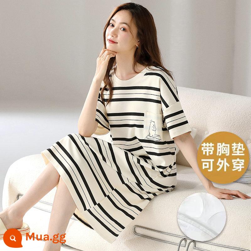 Bộ đồ ngủ có miếng đệm ngực cho nữ phong cách mùa hè cotton nguyên chất một mảnh ngắn tay phong cách Hàn Quốc váy dài mùa hè đồ ngủ phim hoạt hình túi internet phong cách người nổi tiếng - Váy dài W70201 có đệm ngực