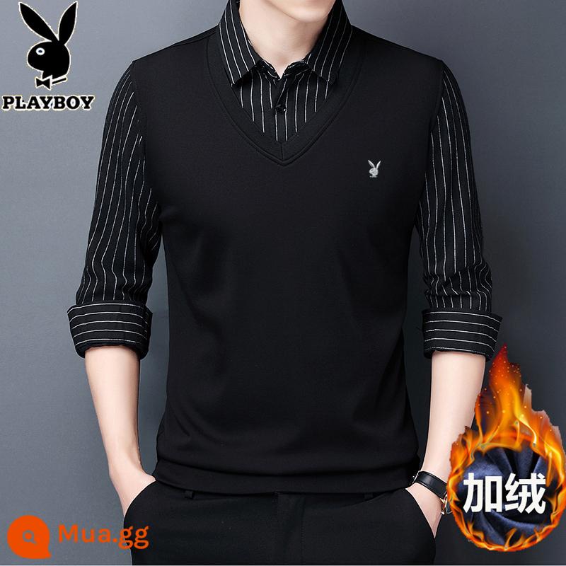 Playboy giả hai mảnh áo nhung nam mùa thu và mùa đông mới nóng cotton cotton dày đàn ông - [Phong cách lông cừu] 10002 màu đen