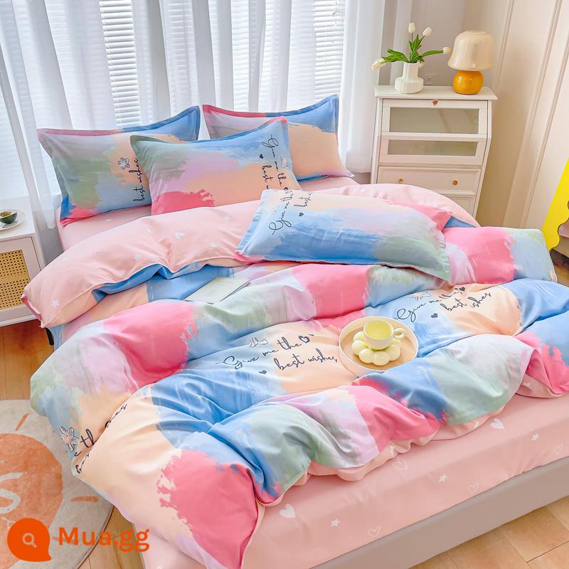 Bộ bốn món bằng cotton 100 tấm trải giường bằng vải cotton nguyên chất Bộ ba món sinh viên ký túc xá bốn mùa bốn mùa chăn ga gối đệm đơn giản thân thiện với da 3 - Cầu vồng MSY