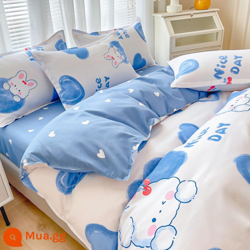 Bộ bốn món bằng cotton 100 tấm trải giường bằng vải cotton nguyên chất Bộ ba món sinh viên ký túc xá bốn mùa bốn mùa chăn ga gối đệm đơn giản thân thiện với da 3 - Chú thỏ tình yêu MSY