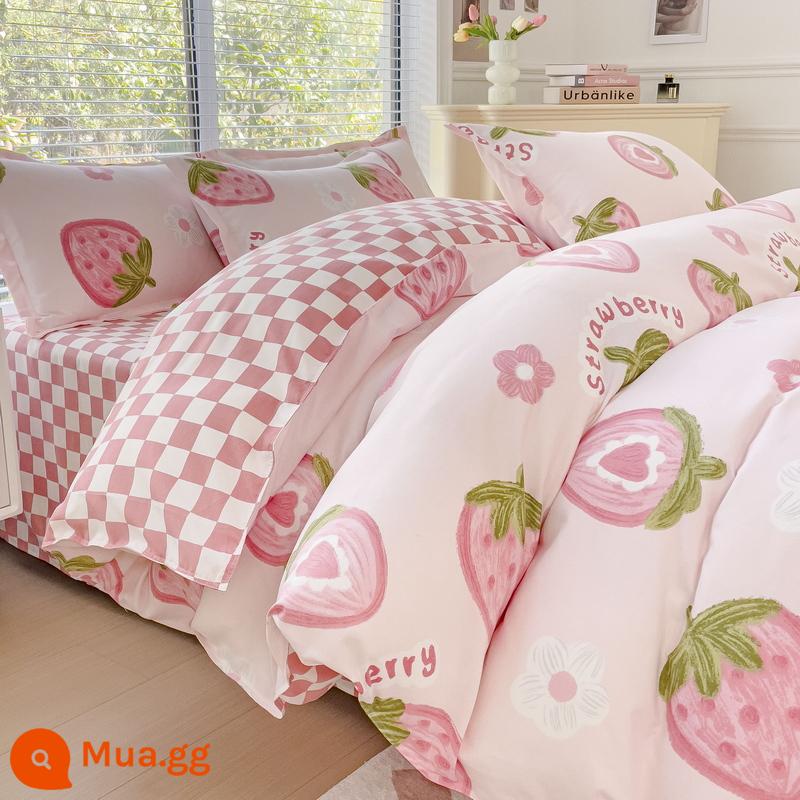 Bộ bốn món bằng cotton 100 tấm trải giường bằng vải cotton nguyên chất Bộ ba món sinh viên ký túc xá bốn mùa bốn mùa chăn ga gối đệm đơn giản thân thiện với da 3 - Bữa tiệc dâu tây của MSY