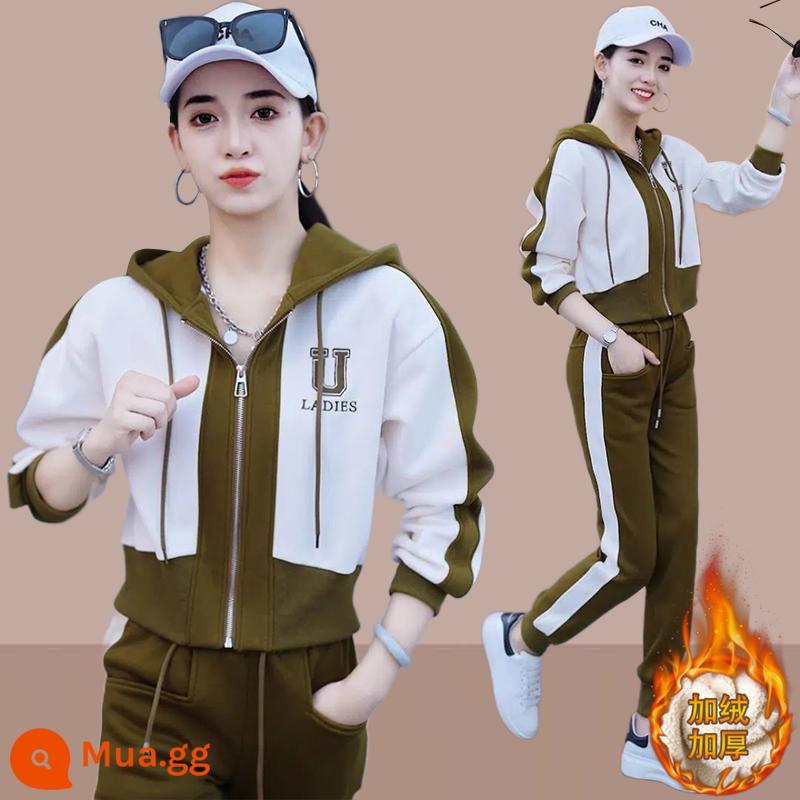 Cotton nguyên chất cộng với nhung dày dặn Bộ đồ thể thao thông thường phù hợp với quần áo nữ mùa thu đông 2022 bộ đồ hai mảnh rộng rãi phù hợp với tất cả các trận đấu - Bộ đồ màu xanh mù tạt [nhung dày]