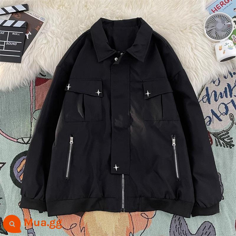 Áo khoác bomber bảo hộ lao động có cổ thương hiệu retro hợp thời trang của Mỹ dành cho nam và nữ áo khoác dáng rộng dạo phố cao cấp thiết kế giản dị mùa xuân và mùa thu - đen