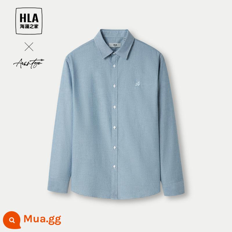 HLA/Hailan House Đồng Màu Nhiều Màu Dài Tay Áo Sơ Mi Xuân Thu 2023 Mới Thêu Cổ Nhọn Công Sở Áo Sơ Mi Nam - Cotton thêu xanh nhạt 21